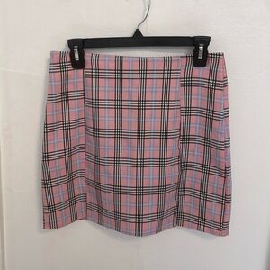 SHEIN Pink Blue and Black Plaid Mini Skirt with Front Slits (S)